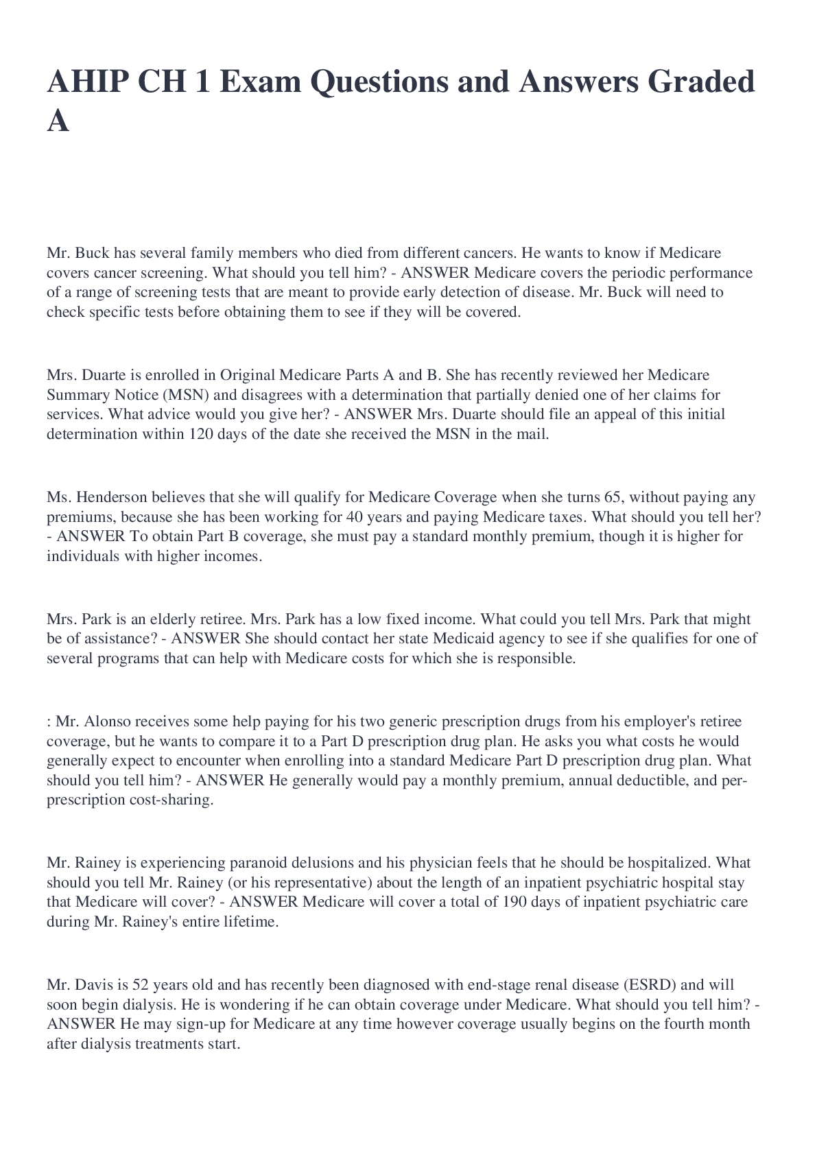 Preview image for AHIP CH 1 Exam Questions and Answers Graded A